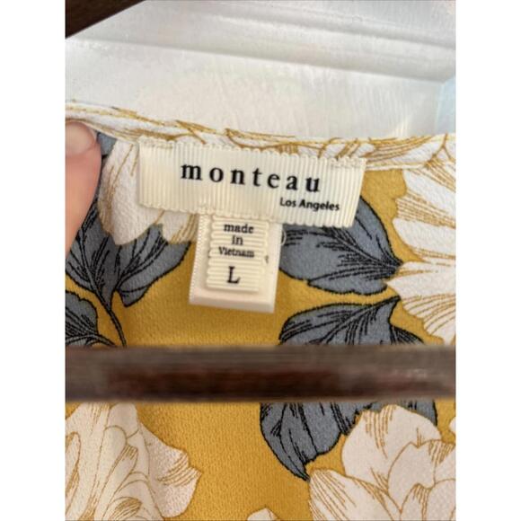 Monteau Wrap Dress Yellow Floral Pleated Drawstring Faux Button Front- Size Lg - Picture 4 of 5